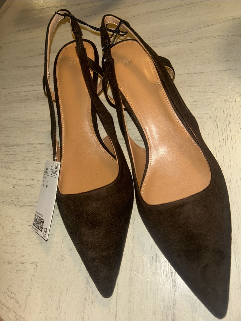 H&M Dark Brown Suede Slingback Pointed Toe Heels